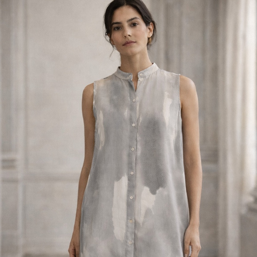 Eileen Fisher Paint Wash Printed Silk Long Shirt Pearl Gray NWT (FLAW)